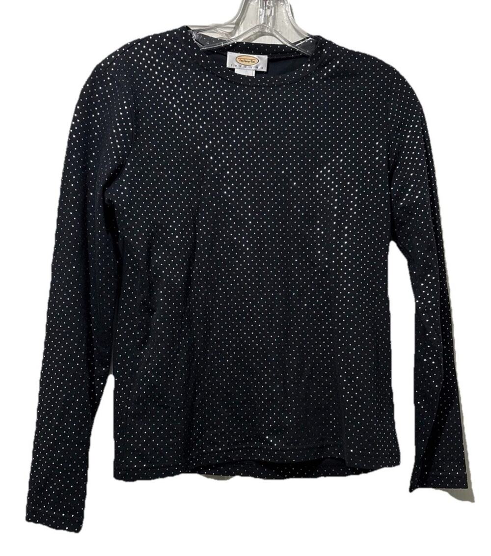 Talbots Petites Long Sleeve T-shirt Black Silver Metallic Polka Dots Size P/XS